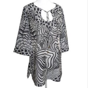 Trina Turk Black & White Silk Cotton Abstract Tropical Pattern Tunic Top S